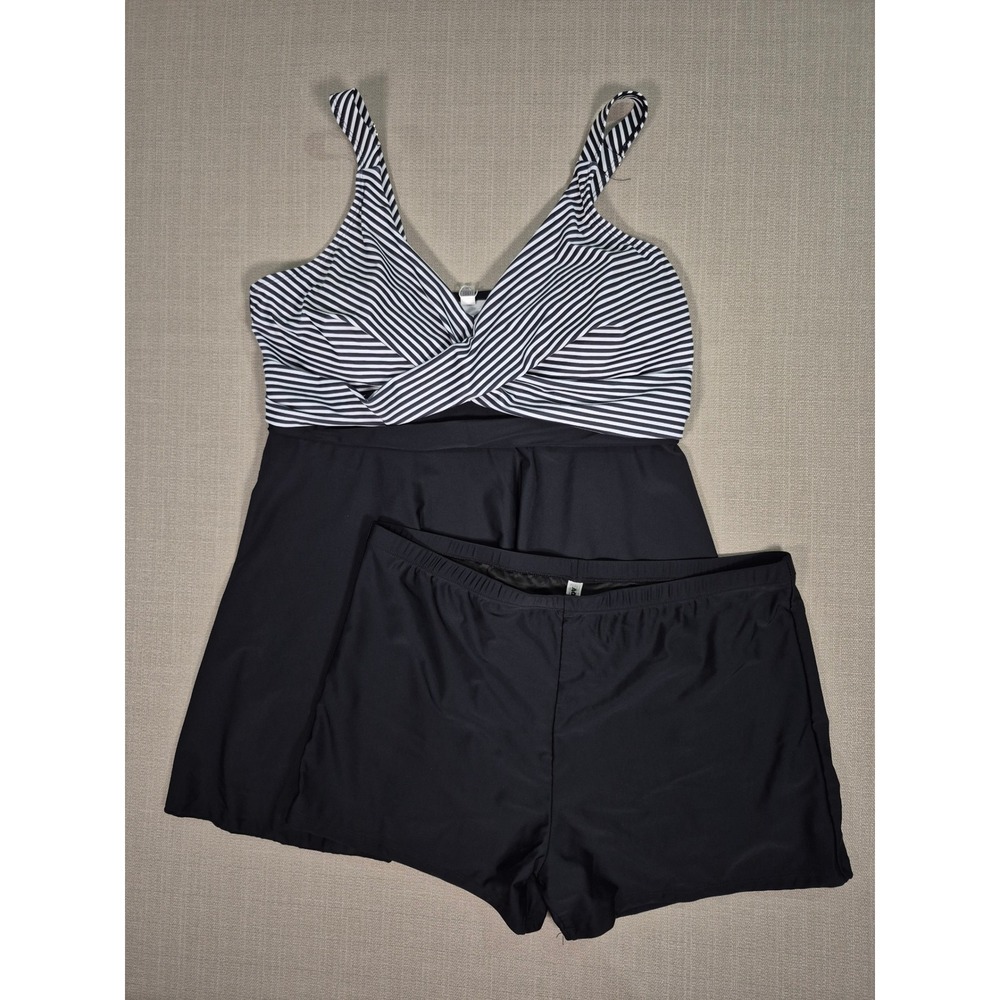 Aqua Eve Womens Plus Size Tummy Control Swimdress Two-Piece Striped Black 22W